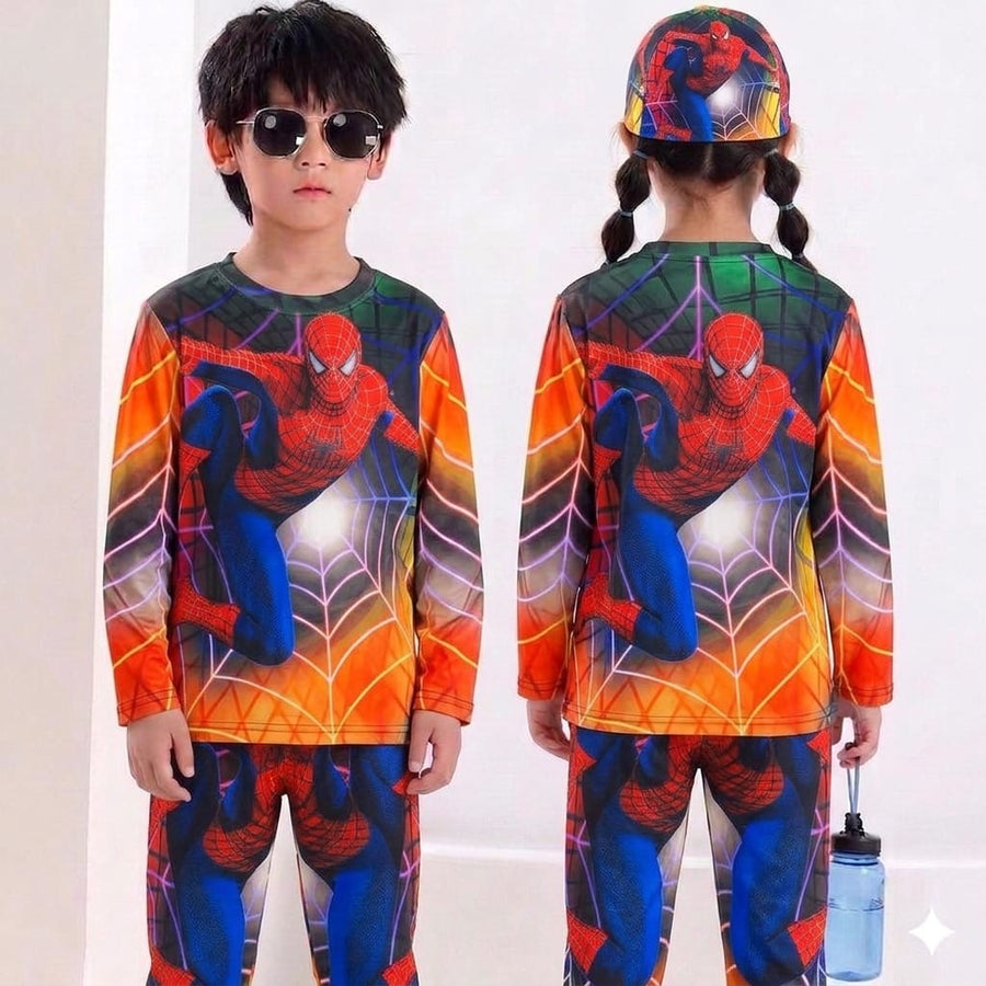 Spider-Man Print Full Sleeve T-Shirt Long Pant & Cap Set for Swimming wear & Regular Use