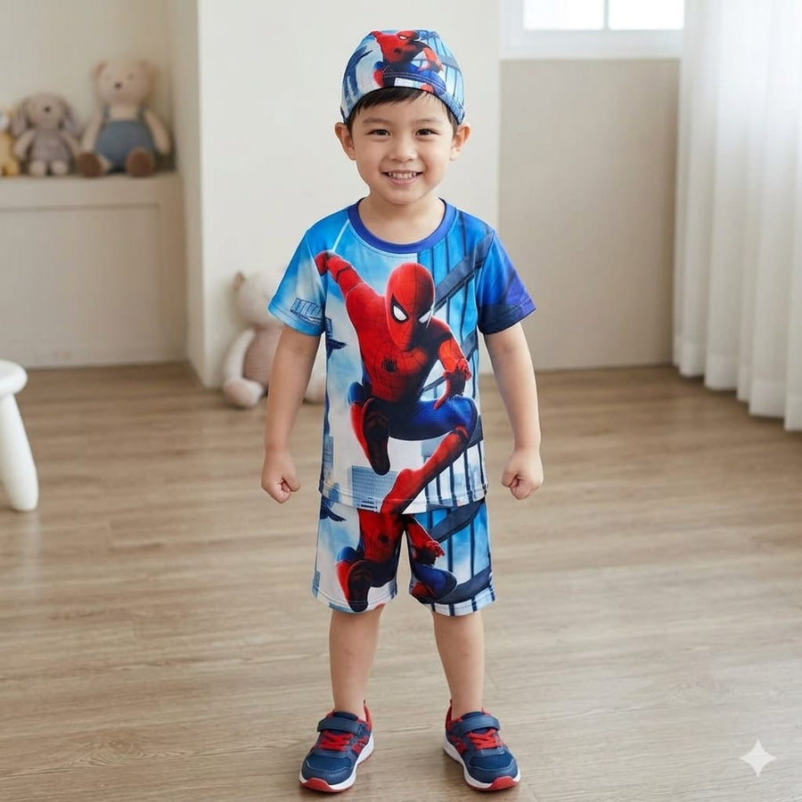 SPIDERMAN KIDS TOP BOTTOM SET WITH CAP (JERSEY MATERIAL)