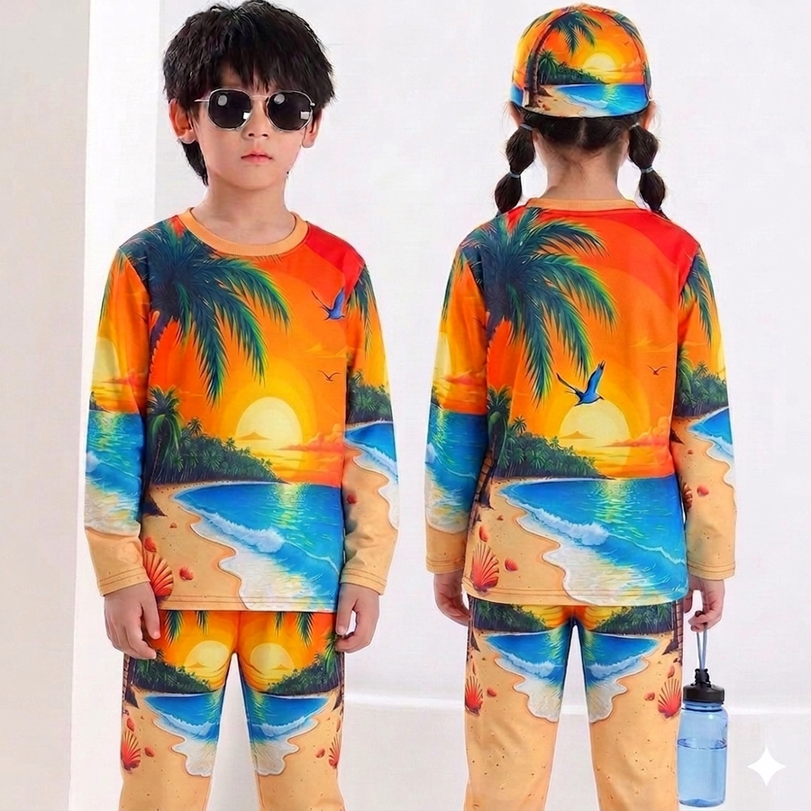 Sunny Beach  Print Full Sleeve T-Shirt Long Pant & Cap Set for Swimming wear & Regular Use