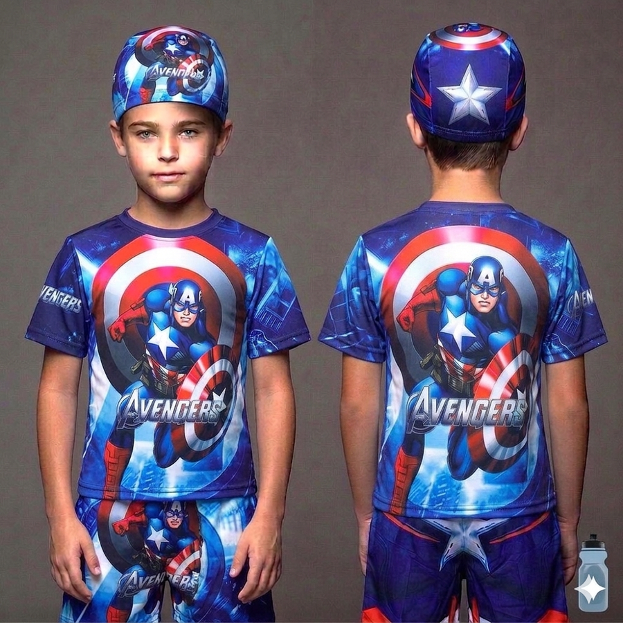CAPTAIN AMERICA KIDS TOP BOTTOM SET WITH CAP (SWIMING MATERIAL 1Y TO 10Y)